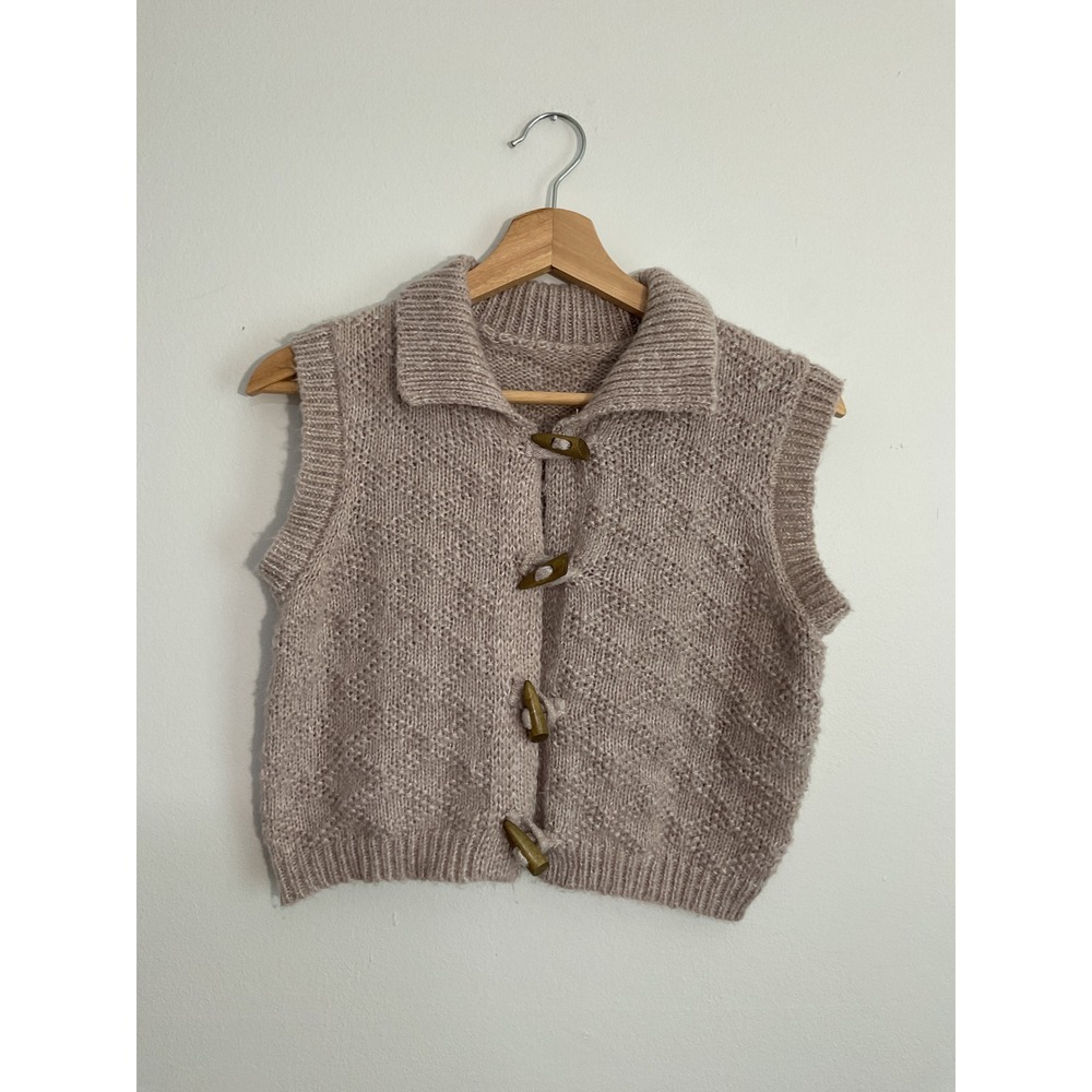 Taupe Mauve Diamond Knit Toggle Sweater Vest Sleeveless Cardigan Small